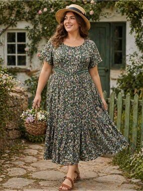 Cottage core Green Floral button front ruffle maxi dress with velvet trim